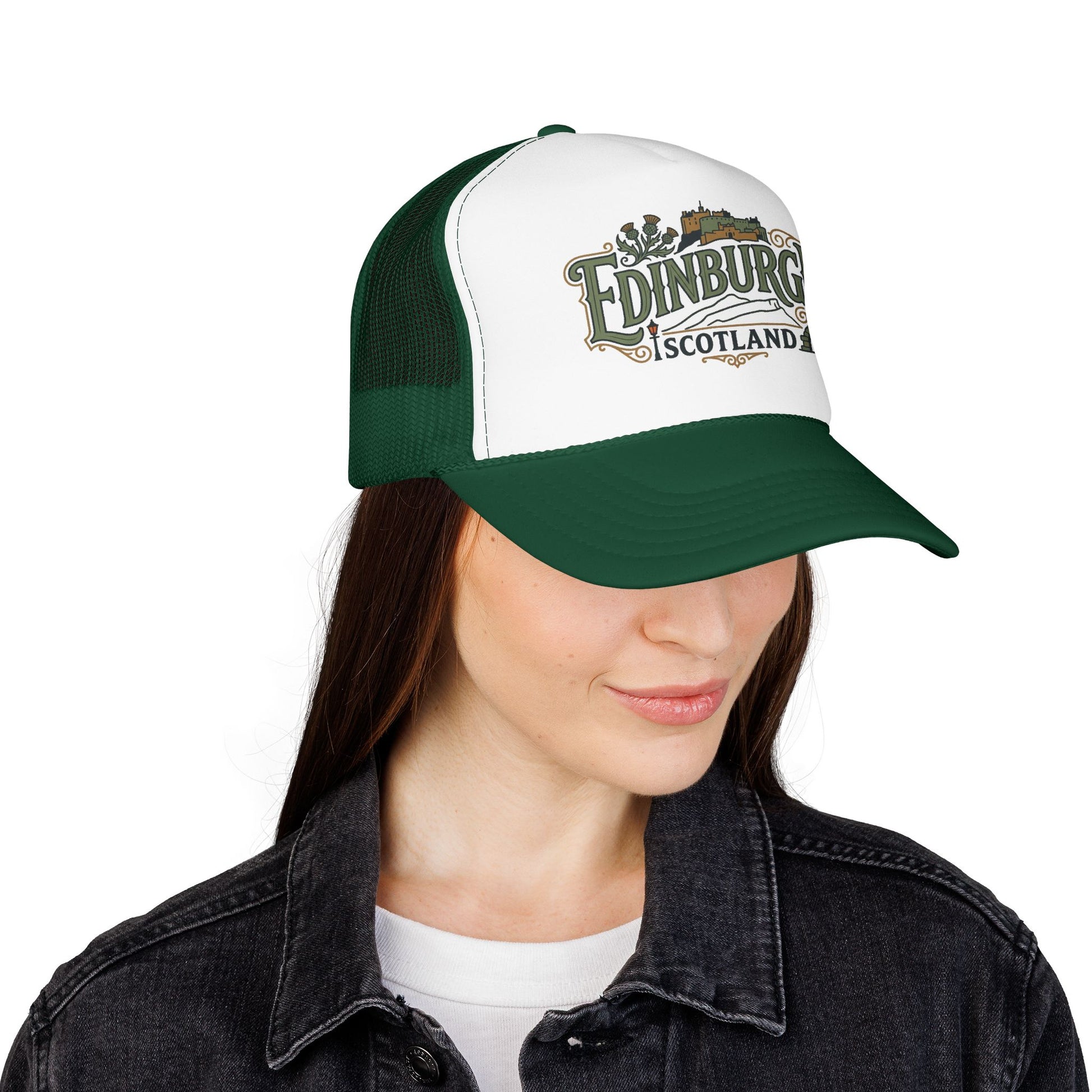 Green and white trucker hat worn by a person, angled with Edinburgh Scotland logo.