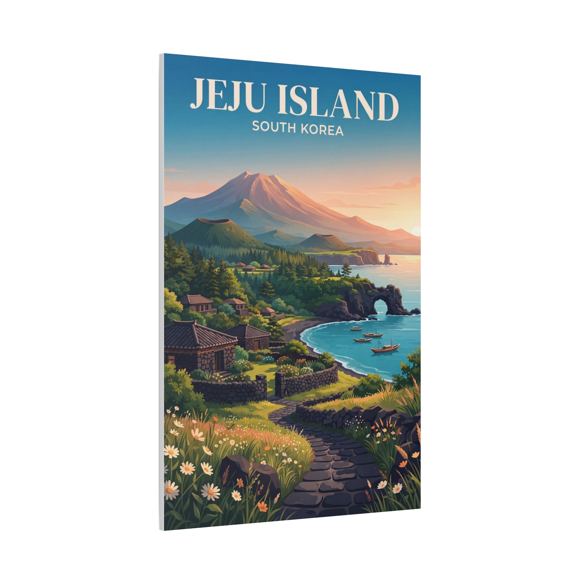 Matte canvas wall art panel showing Jeju Island beach cove, boats, and blooming plants.