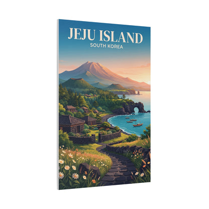 Matte canvas wall art panel showing Jeju Island beach cove, boats, and blooming plants.
