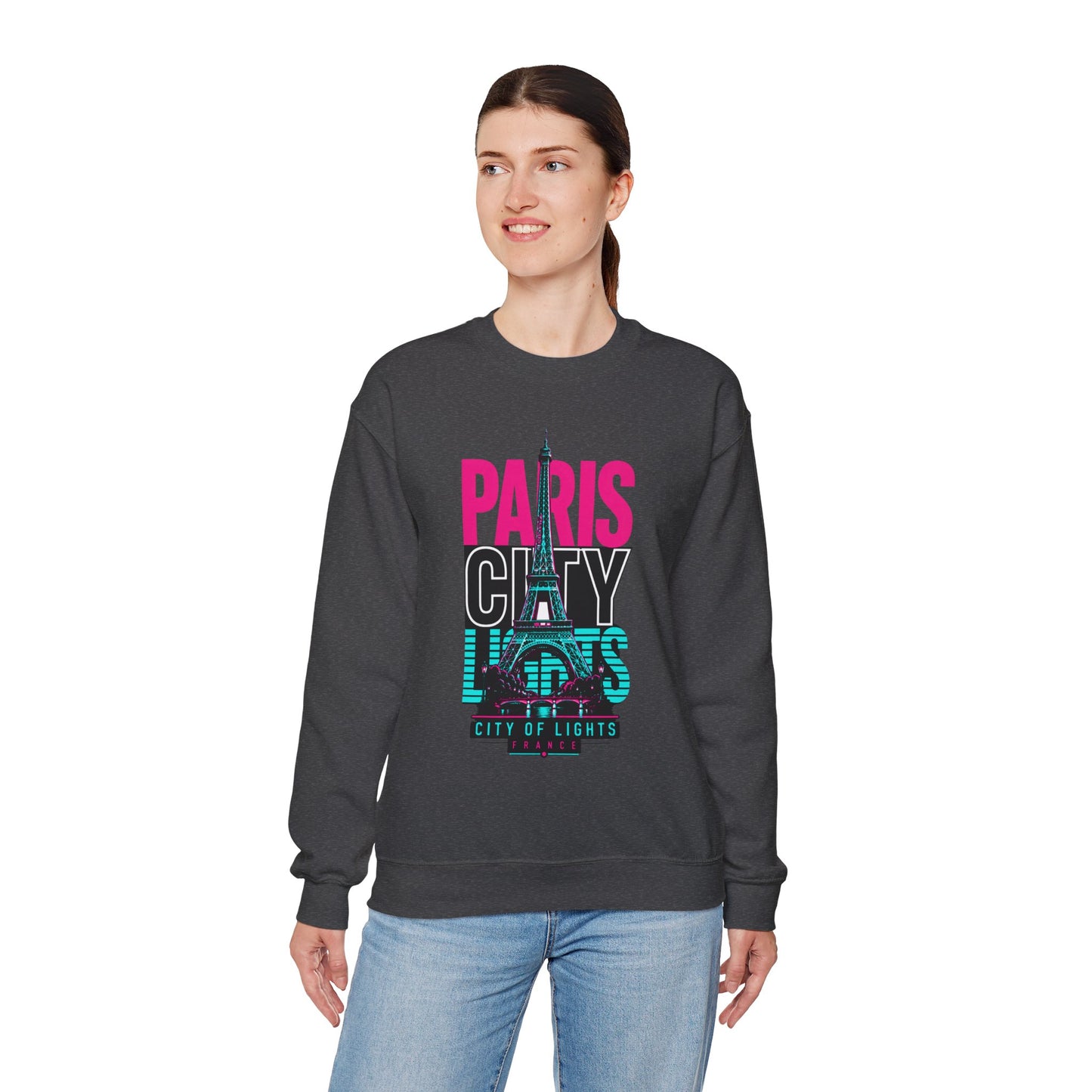 Dark gray crewneck sweatshirt with colorful "PARIS CITY" Eiffel Tower graphic on front