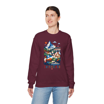 Maroon crewneck sweatshirt with colorful Switzerland mountain village graphic
