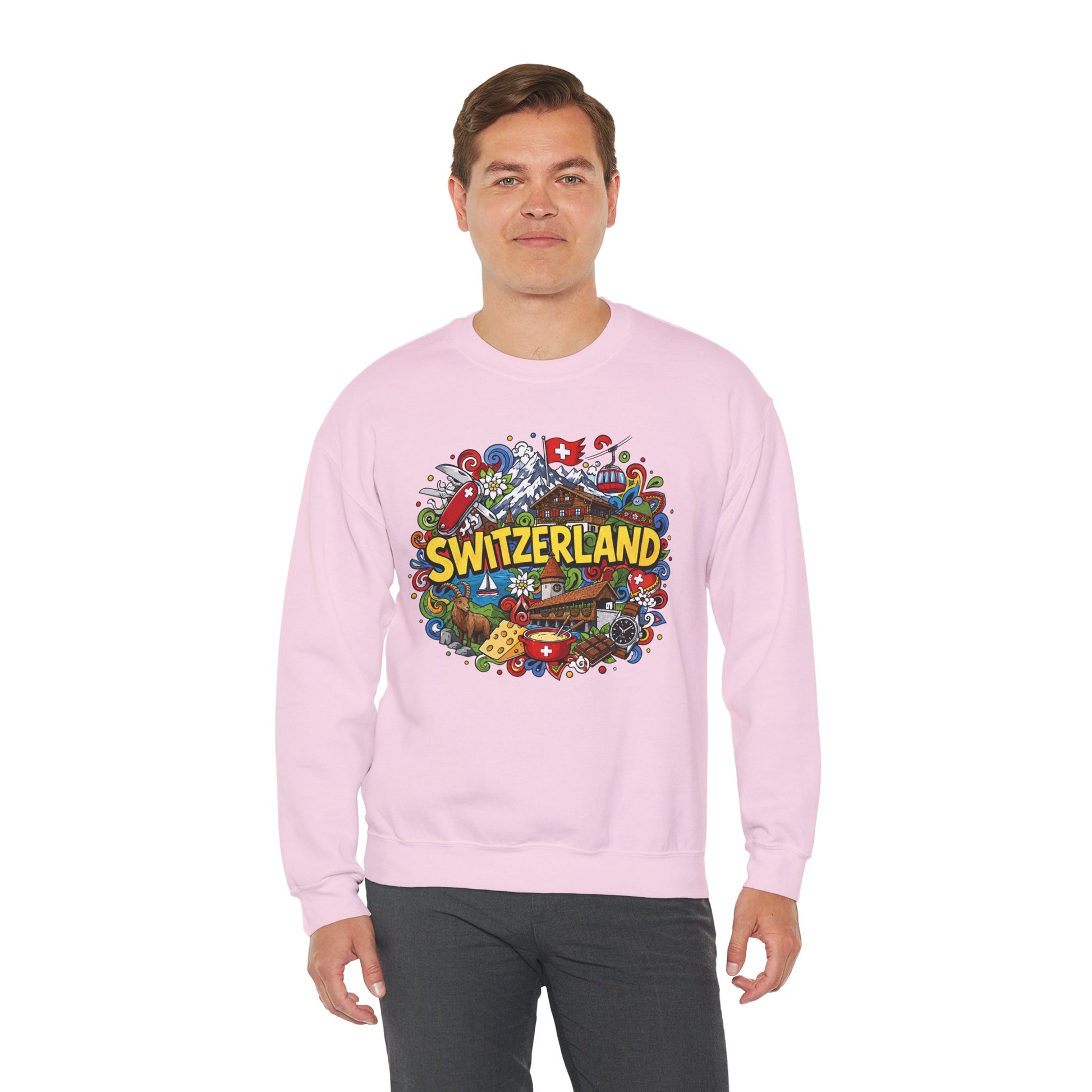 Light pink crewneck sweatshirt with colorful Switzerland graphic on the chest.