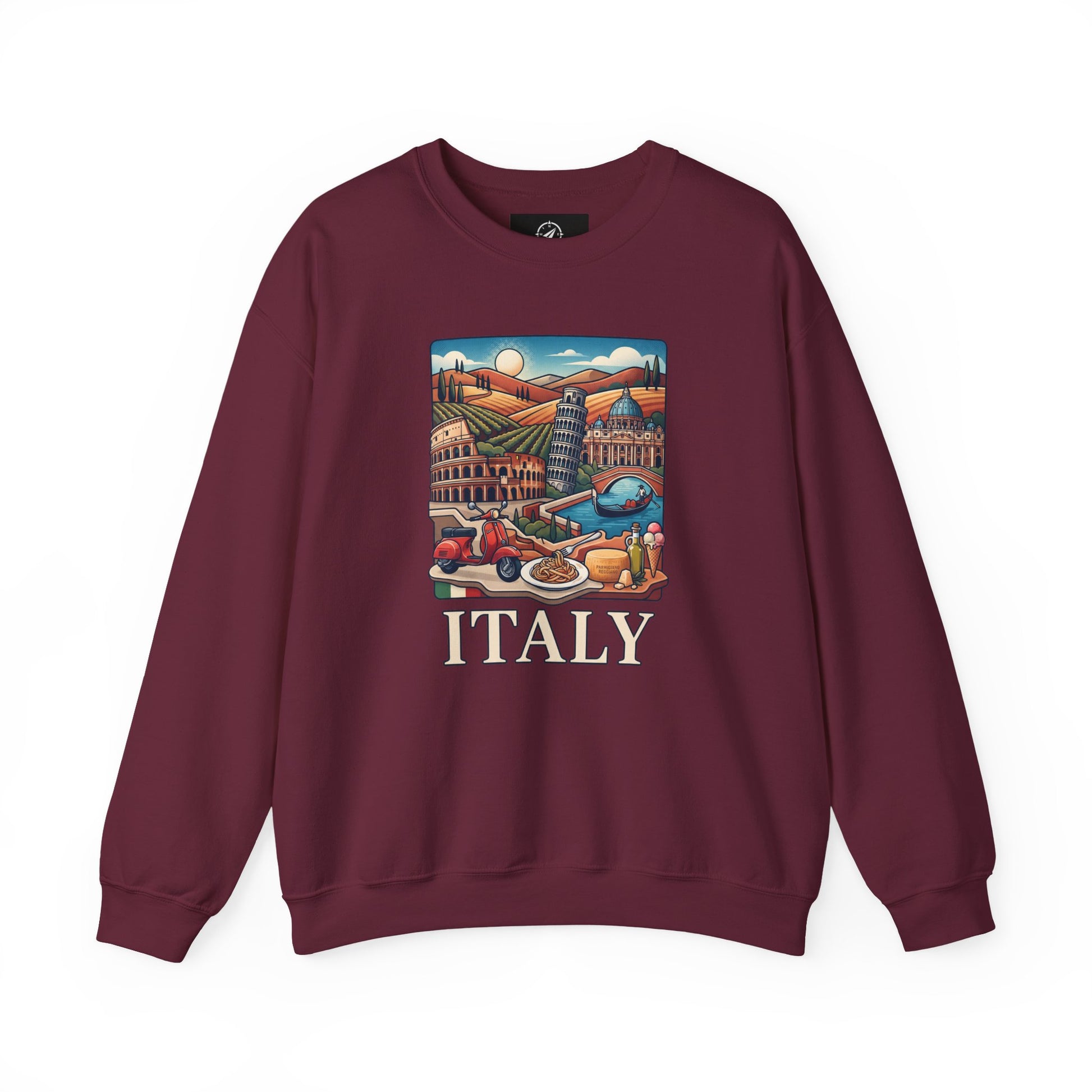 Italy travel sweatshirt, maroon crewneck with colorful “ITALY” graphic on the front