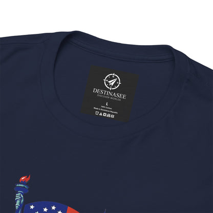 Navy T-shirt close-up: crew neck label with partial Liberty graphic near hem