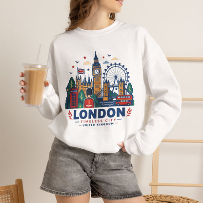 White crewneck sweatshirt with colorful London skyline graphic on the front