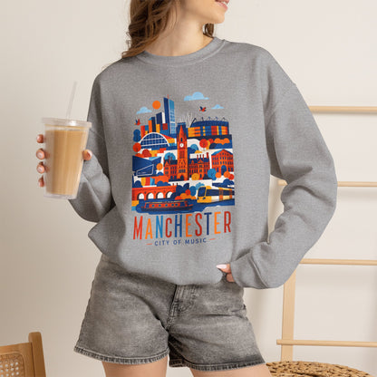 Manchester cityscape crewneck sweatshirt, heather grey, front city graphic and Manchester text