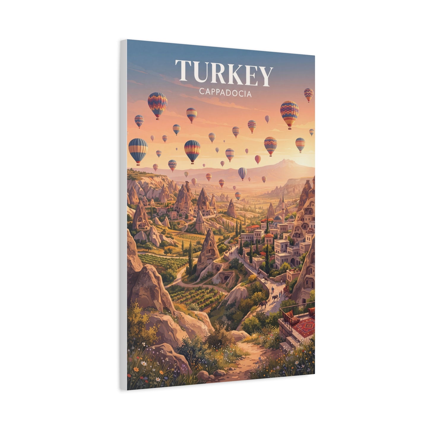 Turkey Cappadocia wall art, vertical canvas print with hot air balloons over town