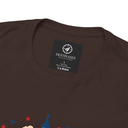 Dark brown T-shirt with small brand label at neckline and partial city print