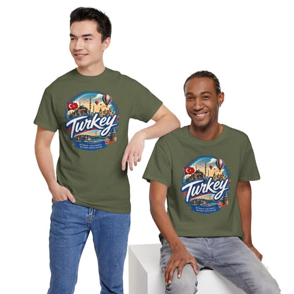 Forest green travel T-shirt with 'Turkey' circular graphic on the chest