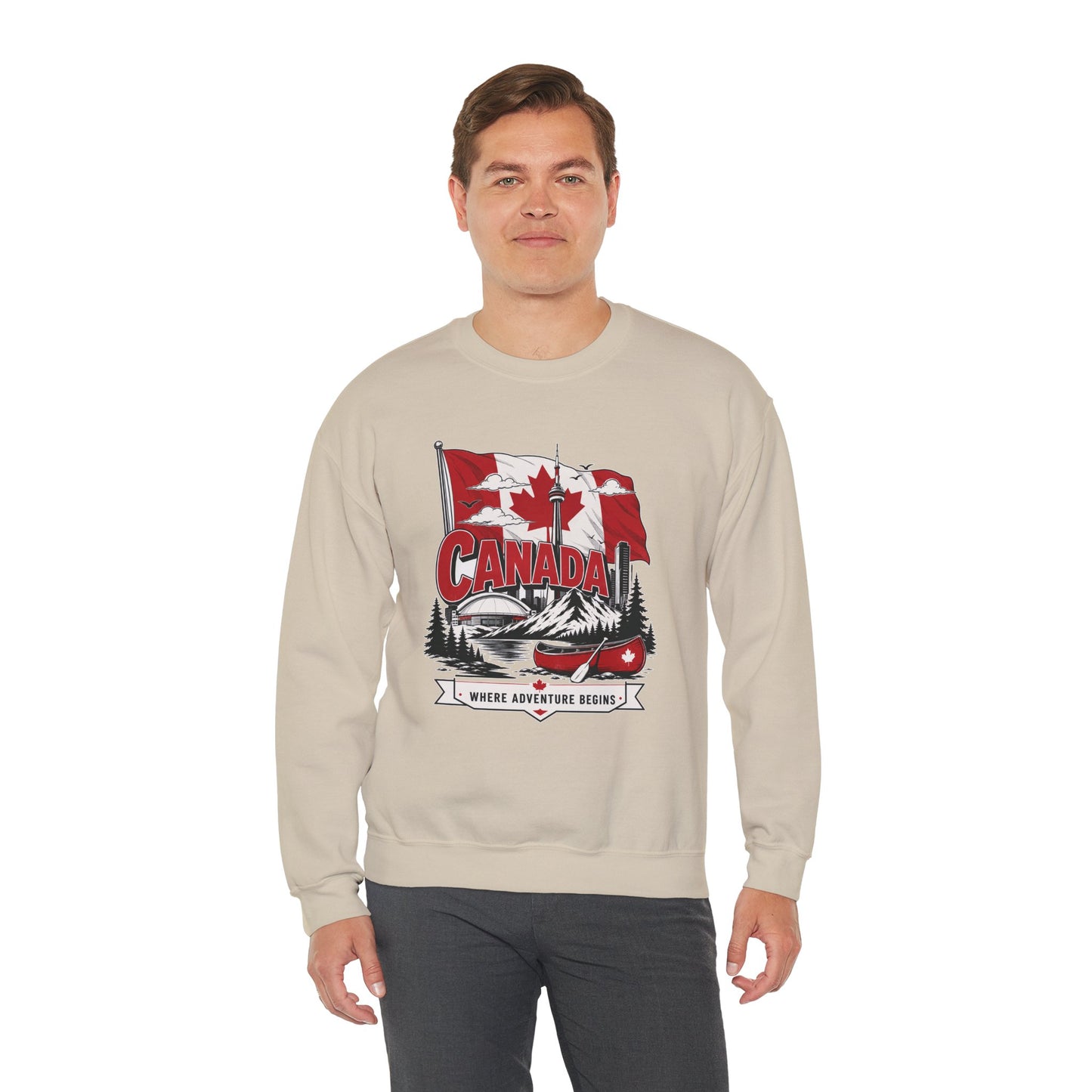 Light sand crewneck sweatshirt with red Canada flag and canoe graphic on chest