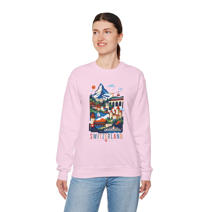 Light pink crewneck sweatshirt with colorful Switzerland landscape graphic on front.