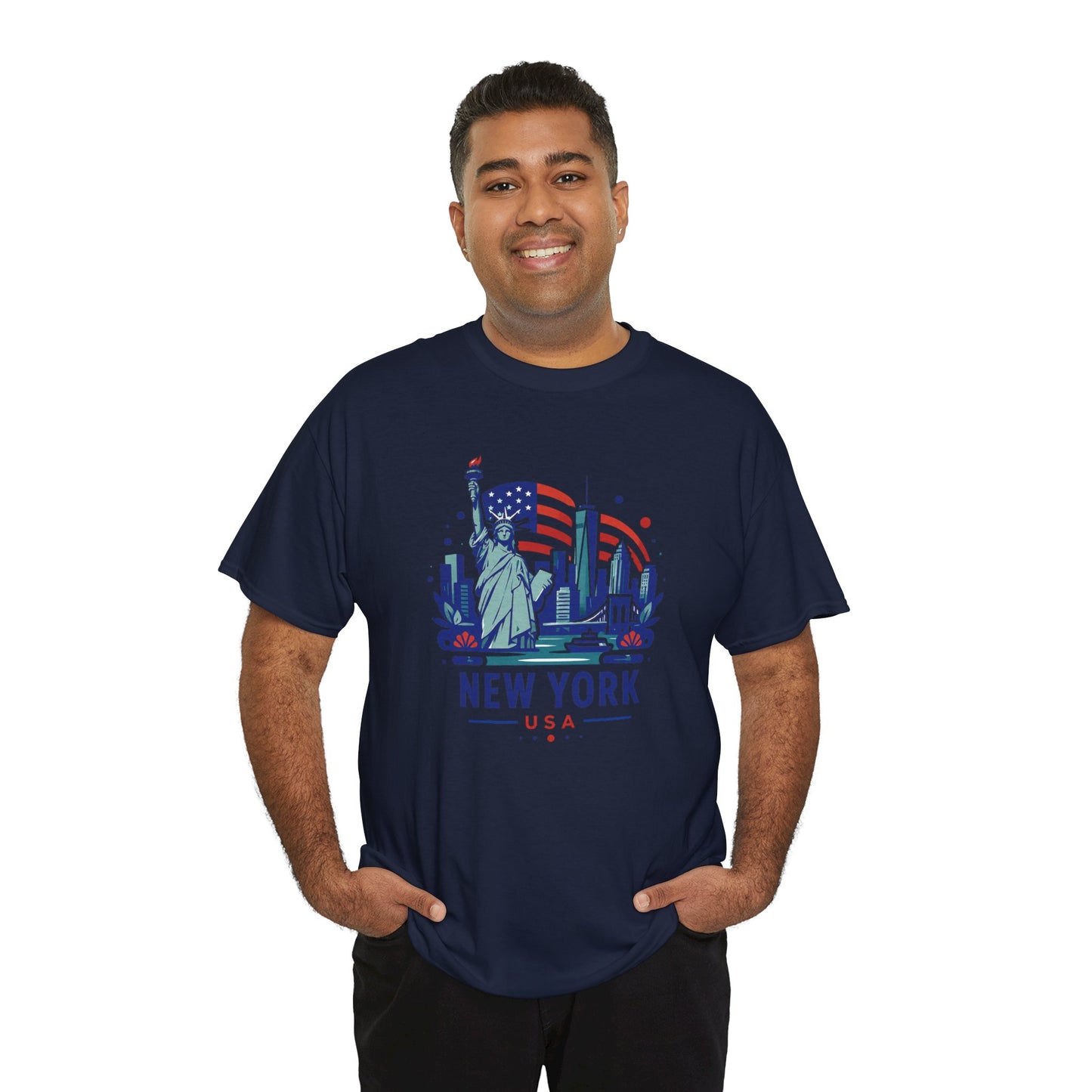 Navy crewneck T-shirt with Statue of Liberty and 'NEW YORK USA' graphic