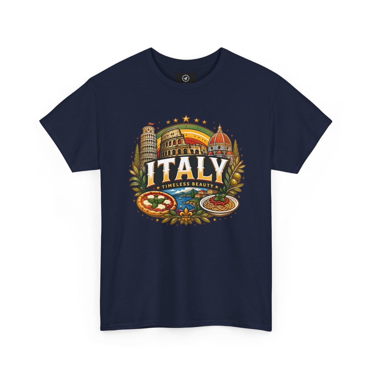 Navy crew-neck T-shirt with vintage Italy emblem graphic on chest