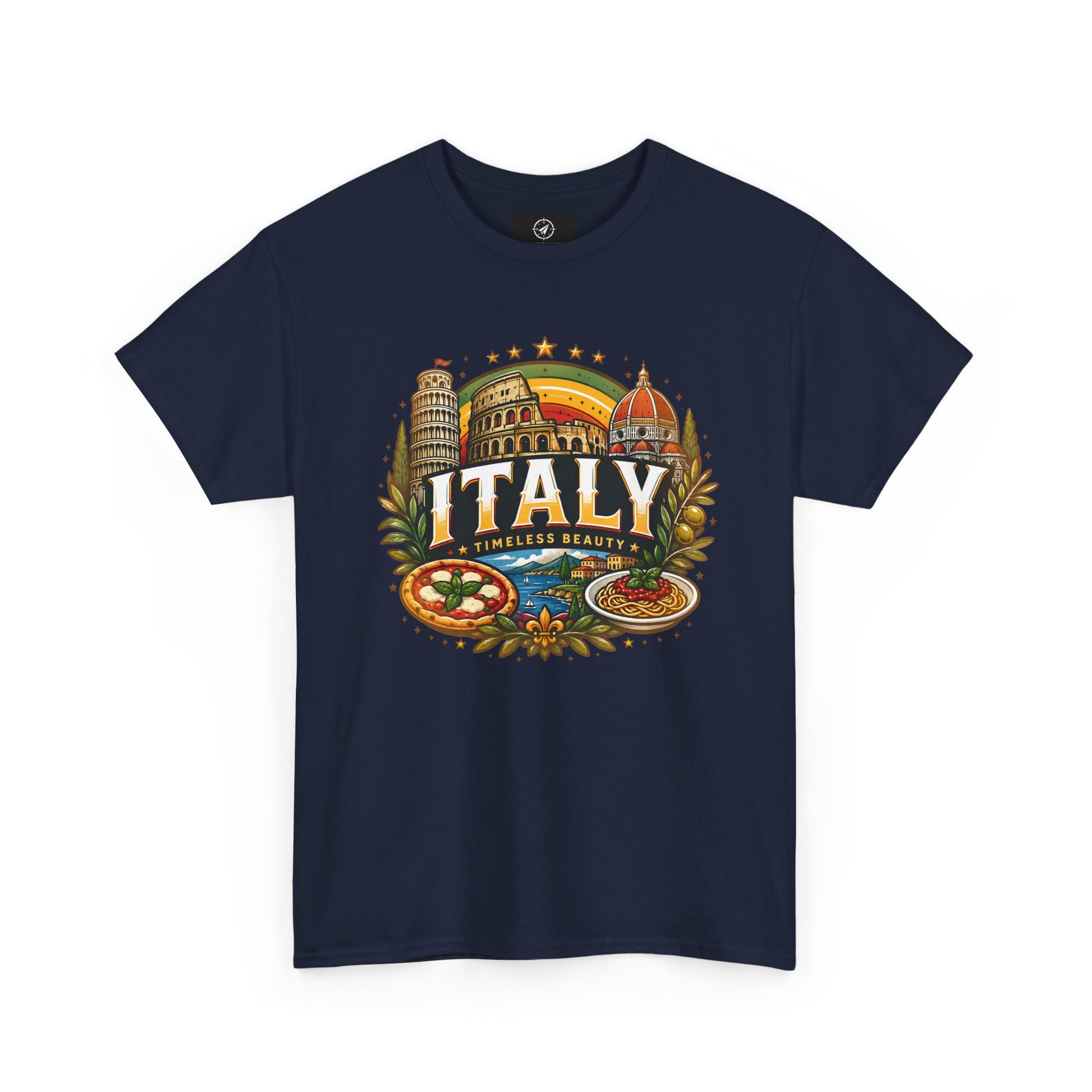 Navy crew-neck T-shirt with vintage Italy emblem graphic on chest