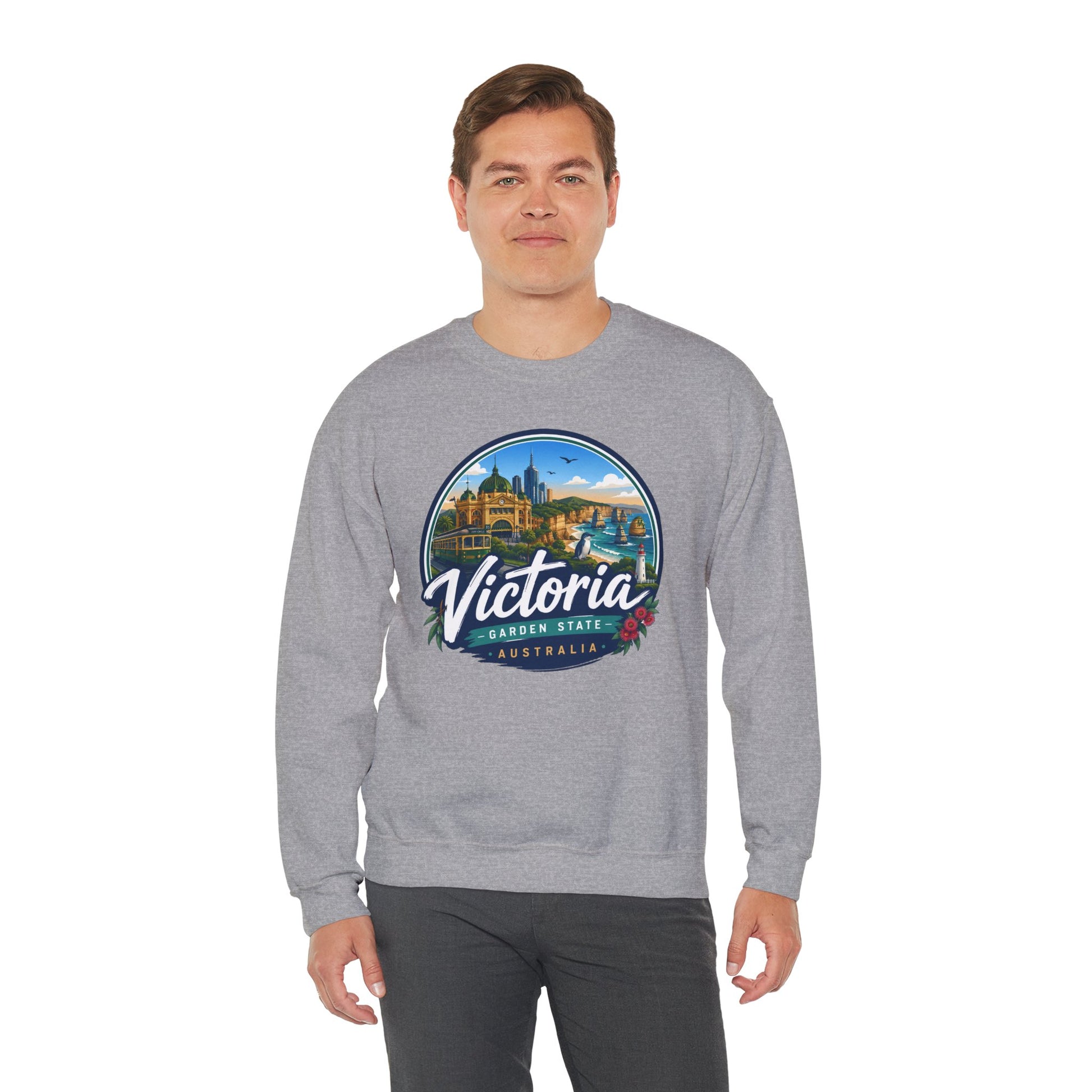 Sport grey crewneck sweatshirt worn, front view with Victoria graphic