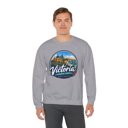 Sport grey crewneck sweatshirt worn, front view with Victoria graphic