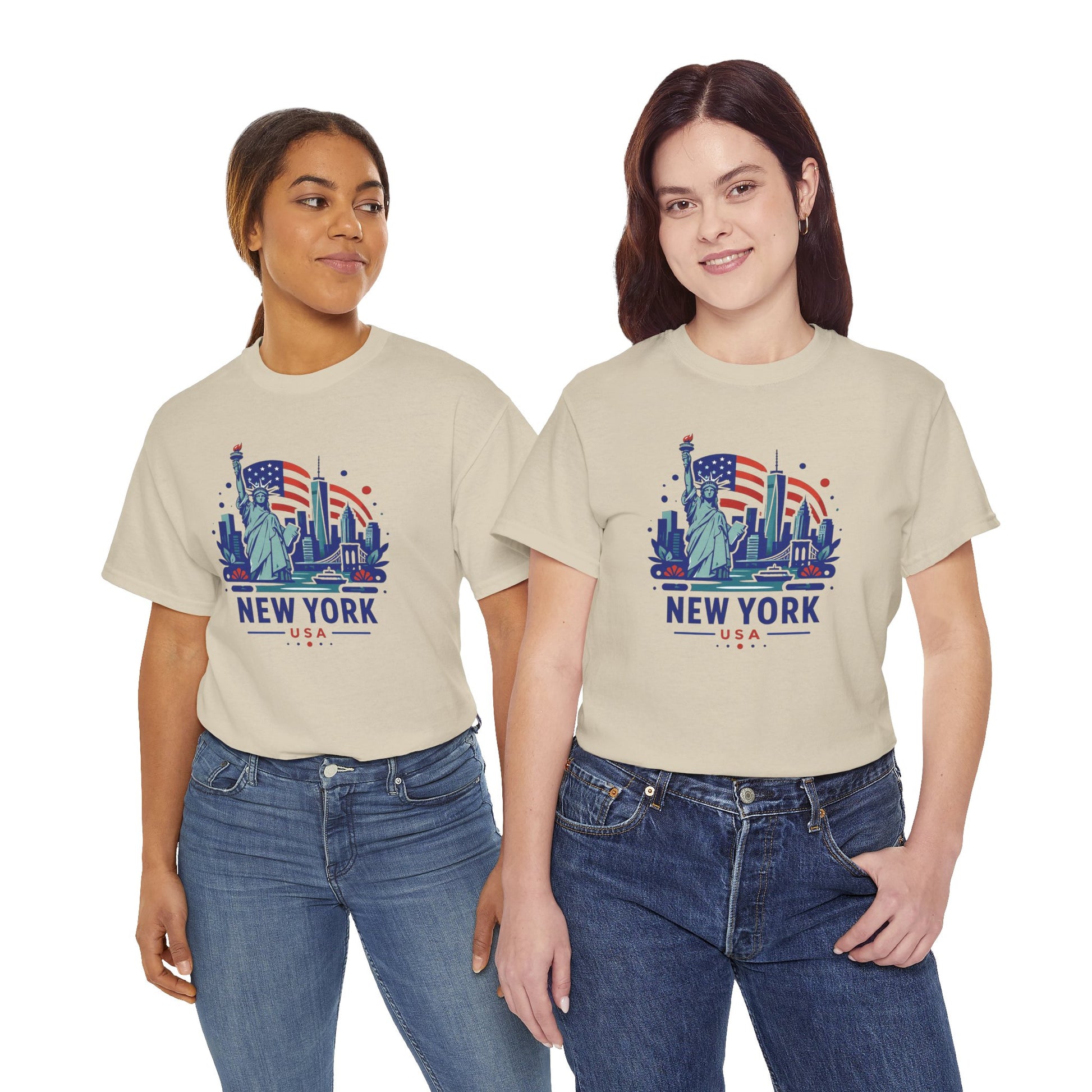 Natural graphic T-shirt with New York design, worn by two models