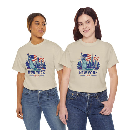 Natural graphic T-shirt with New York design, worn by two models