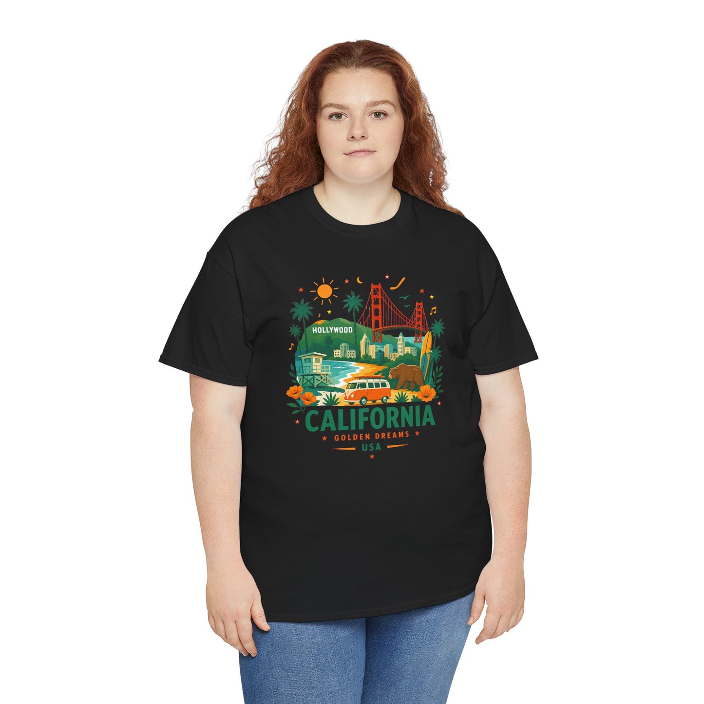 Black T-shirt with multicolor California theme graphic on the chest