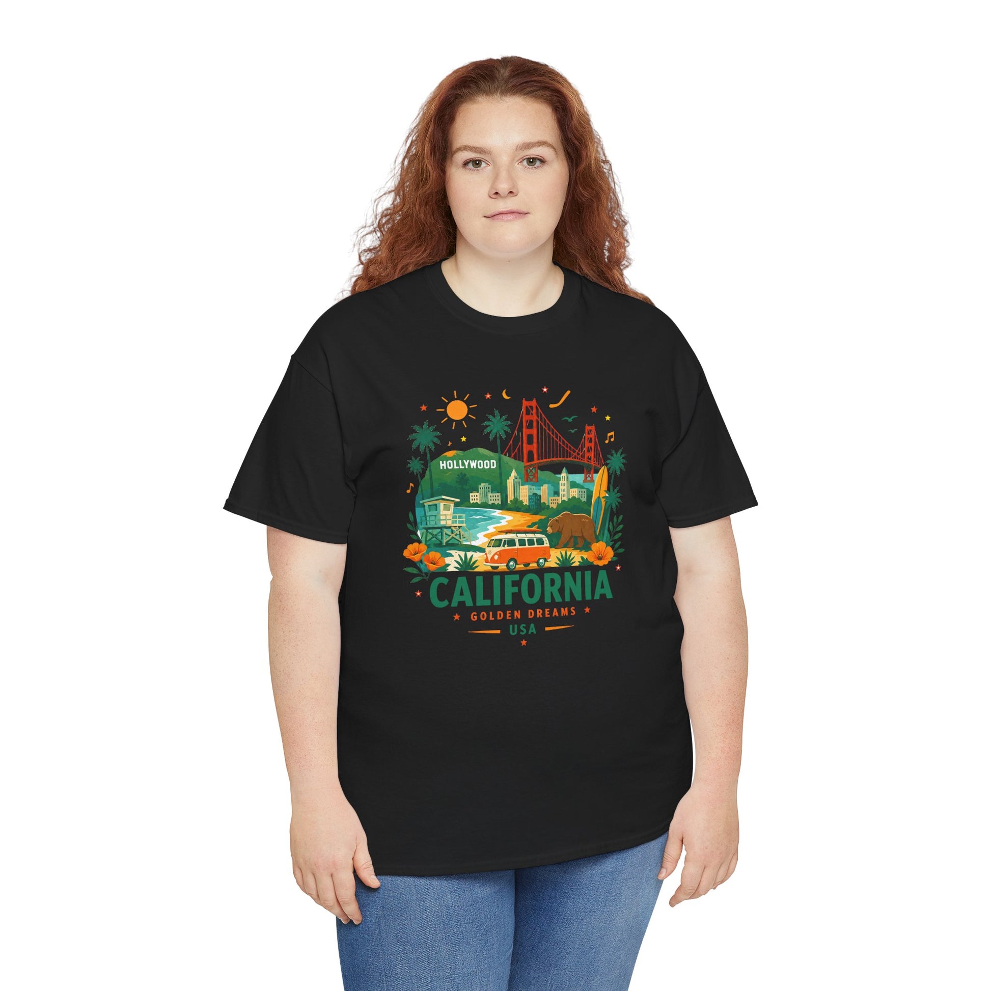 Black T-shirt with multicolor California theme graphic on the chest