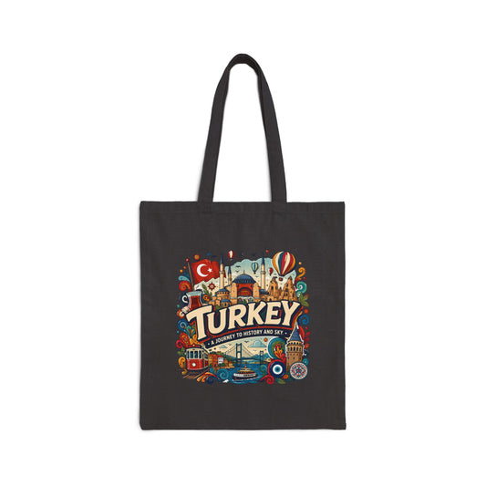 Black canvas tote bag with colorful Turkey travel graphic and long handles