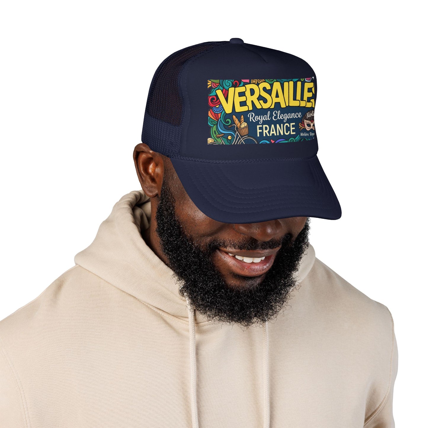 Navy trucker hat with mesh back and “Versailles France” front patch on person