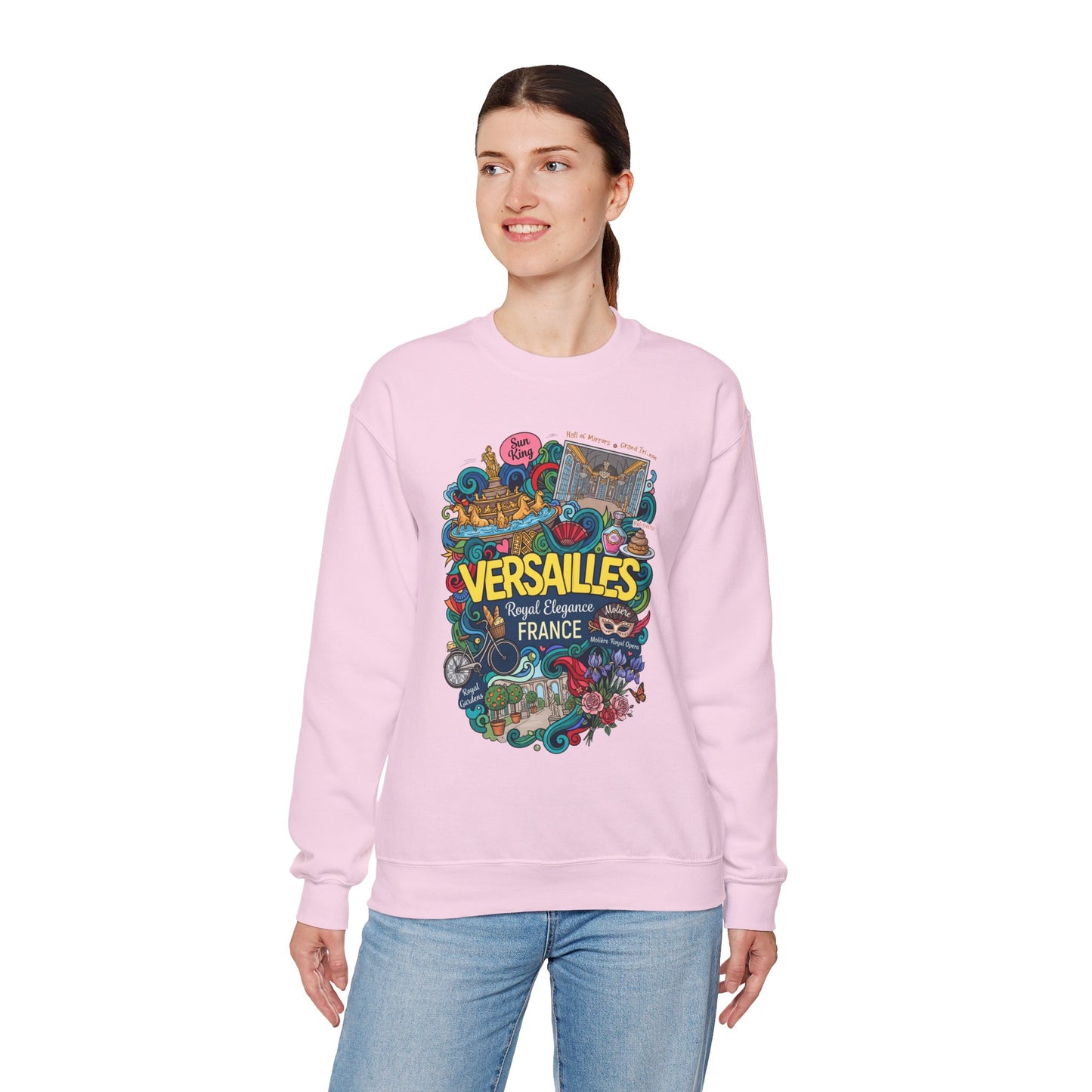 Light pink crewneck sweatshirt with colorful Versailles illustrated graphic on the front