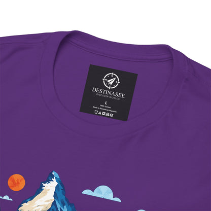 Purple T-shirt with Destinasee neck label and partial mountain graphic