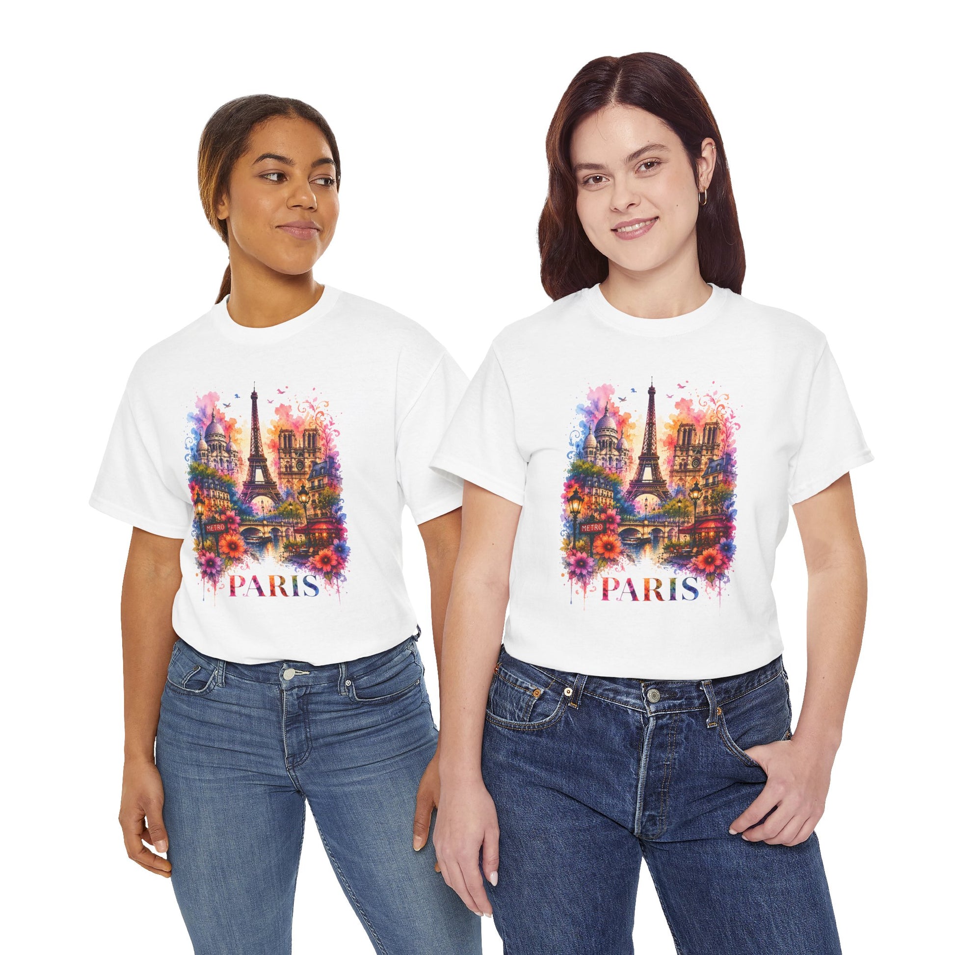White crew-neck T-shirt with colorful Paris floral Eiffel Tower front graphic