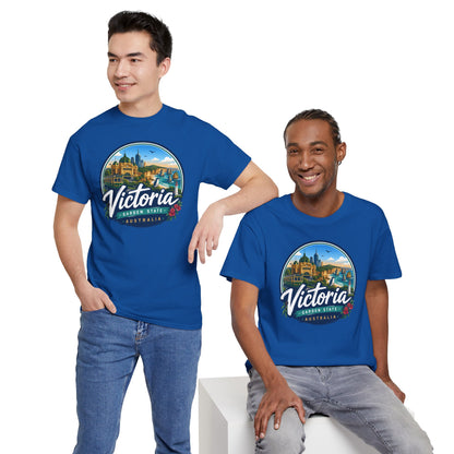 Blue crew-neck travel tee with circular Victoria city graphic, worn with jeans