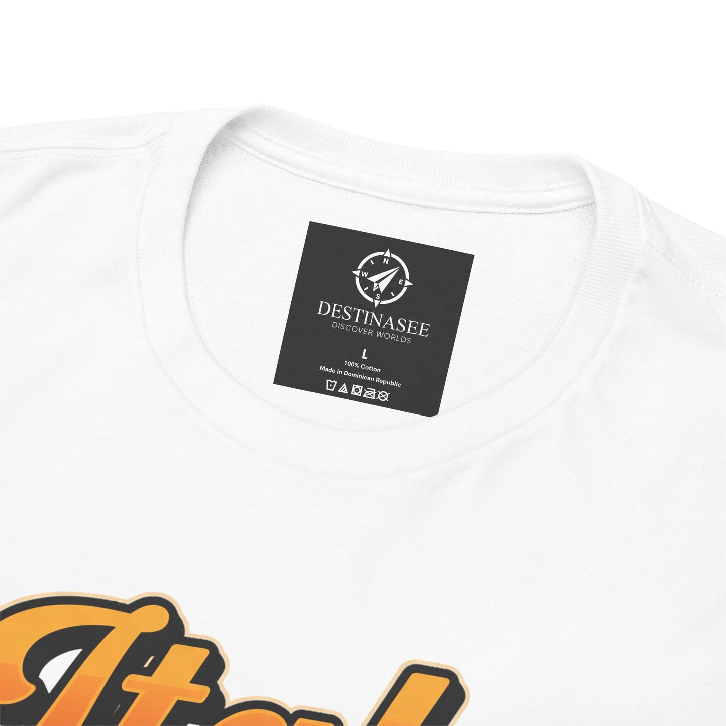 Dark brown T-shirt neckline with small square back label near collar