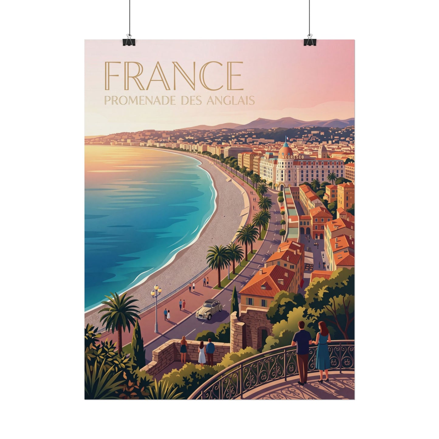 Rolled France coastal promenade poster with seaside curve and waterfront buildings