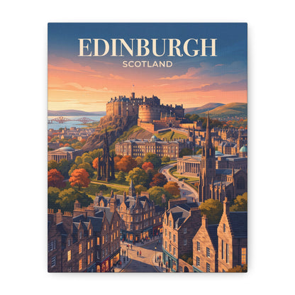 Matte canvas wall art of Edinburgh skyline with 'EDINBURGH' title over sunset