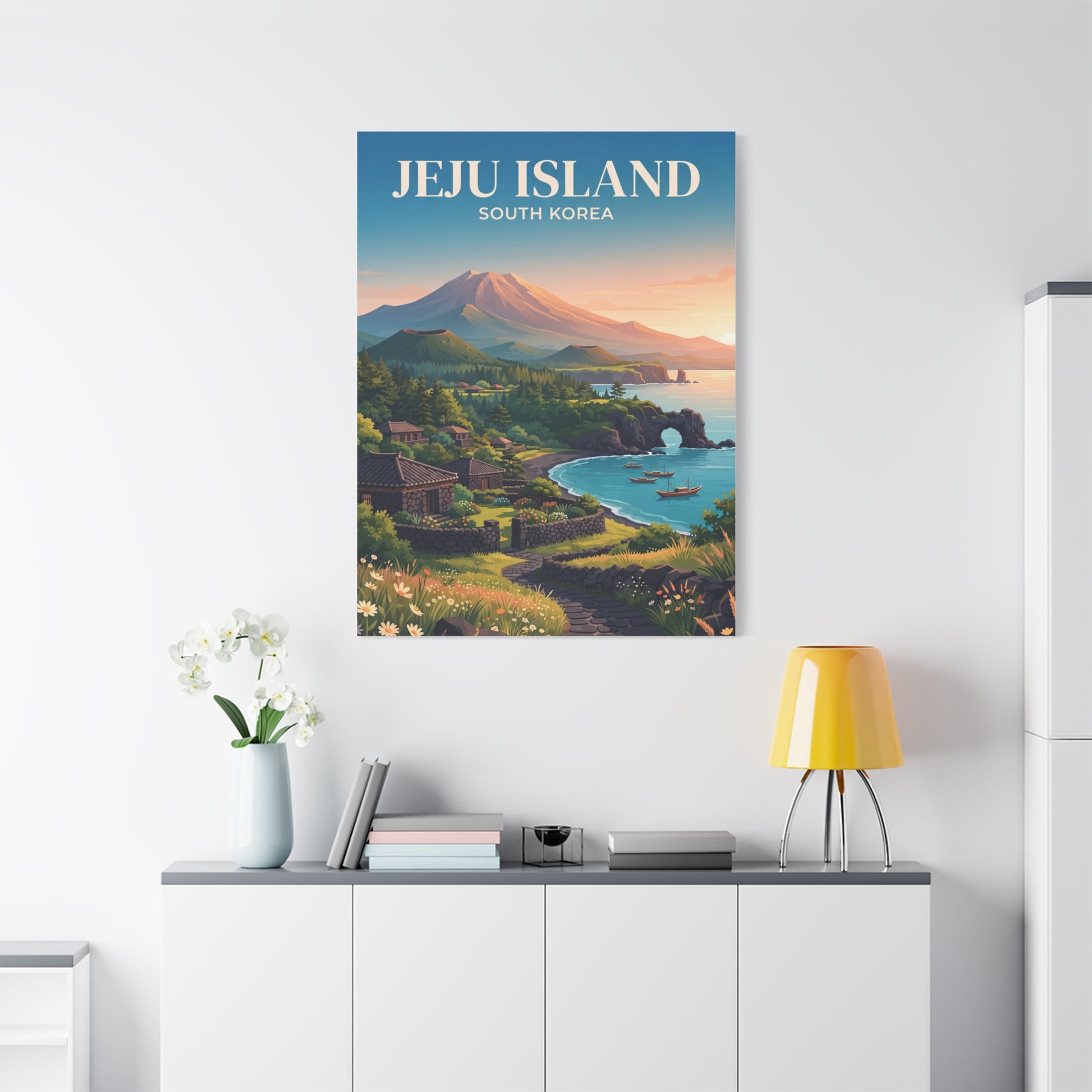 Matte canvas wall art featuring Jeju Island coast scene with volcano, boats, and garden flowers.