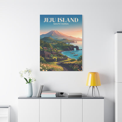 Matte canvas wall art featuring Jeju Island coast scene with volcano, boats, and garden flowers.