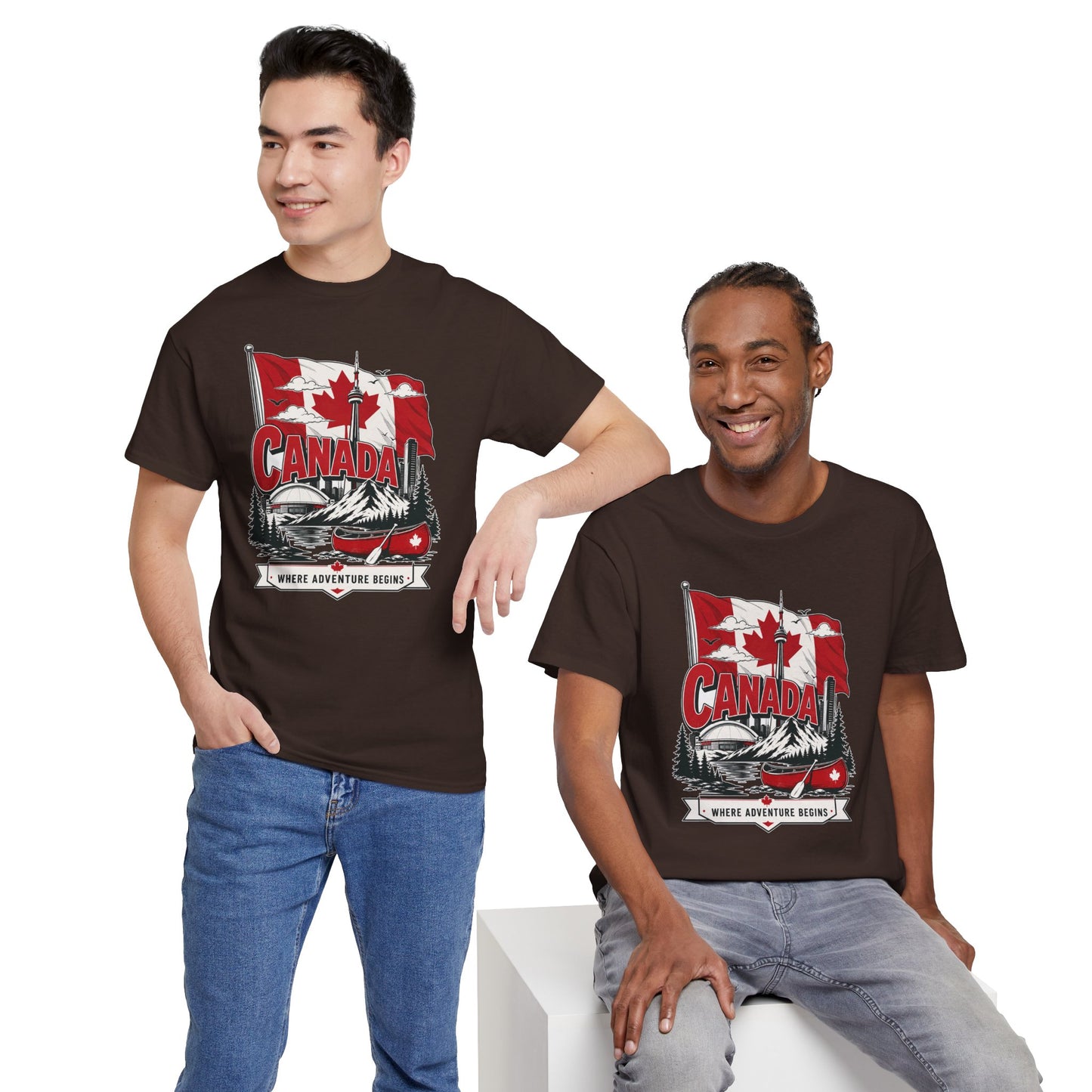 Dark brown Canada graphic T-shirt with canoe and maple leaf chest print