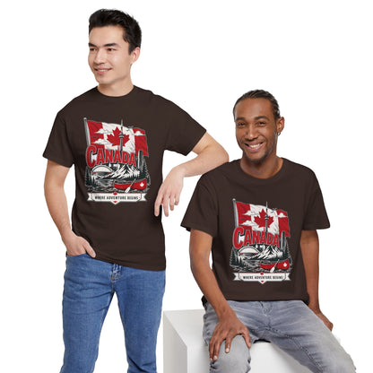 Dark brown Canada graphic T-shirt with canoe and maple leaf chest print