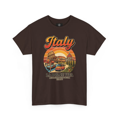 Dark brown vintage T-shirt with “Italy” graphic and “La Dolce Vita” print