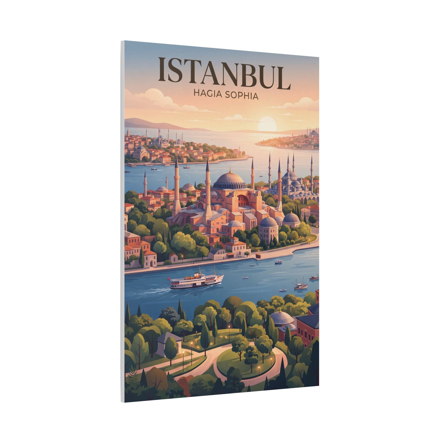 Vertical matte canvas wall art with Istanbul harbor views and Hagia Sophia domes