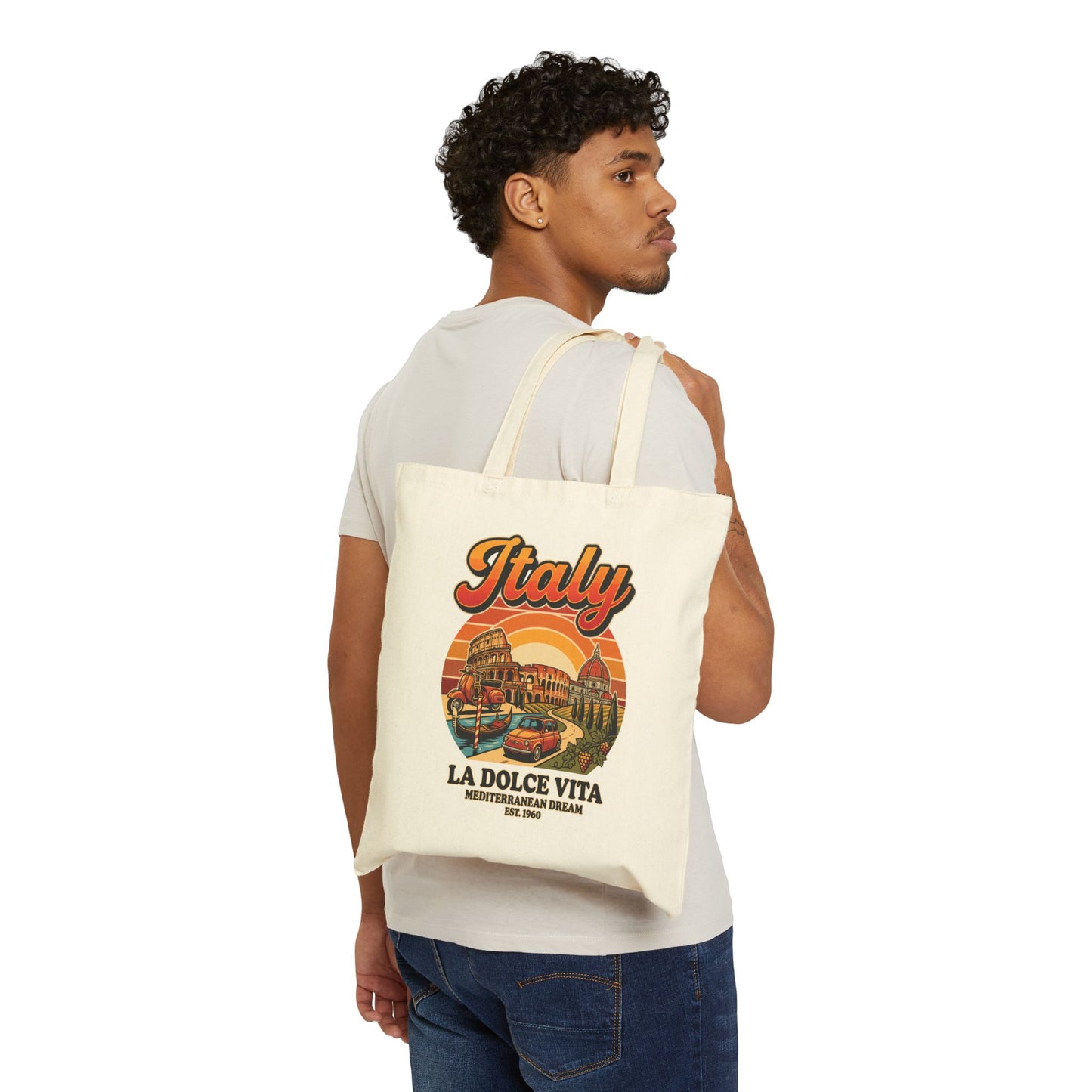 Natural canvas tote bag worn by model, front Italy graphic visible