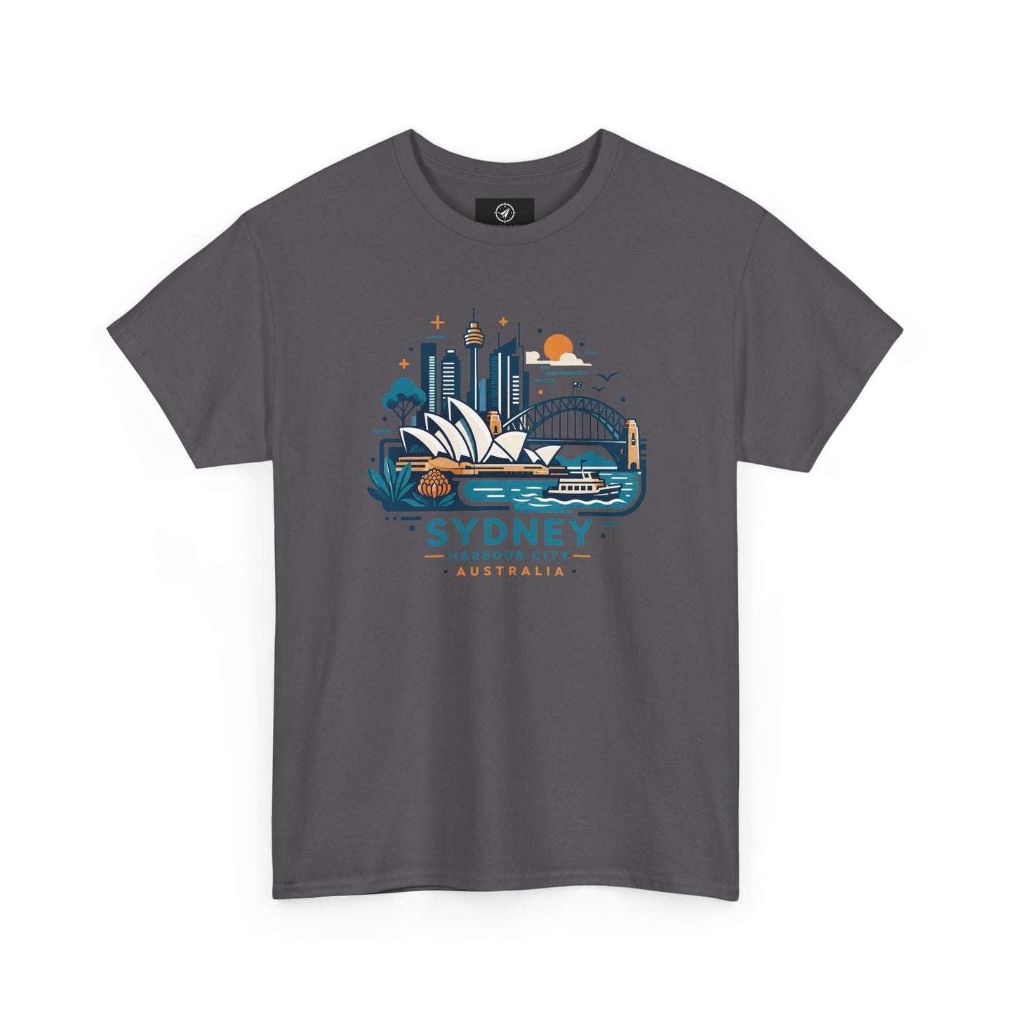 Charcoal short-sleeve t-shirt with Sydney cityscape graphic on the chest