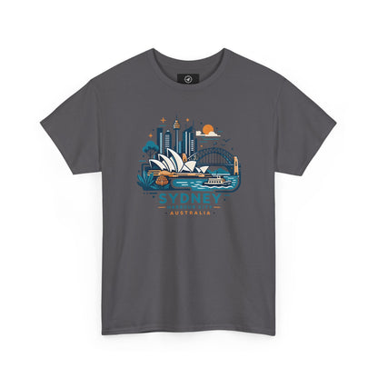 Charcoal short-sleeve t-shirt with Sydney cityscape graphic on the chest