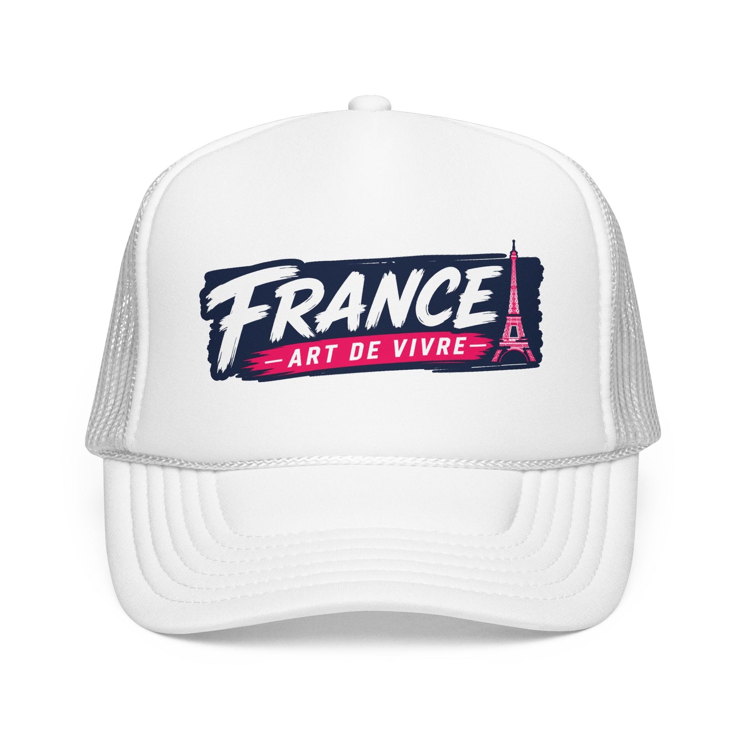 White trucker hat with mesh sides and “FRANCE Art de Vivre” front print