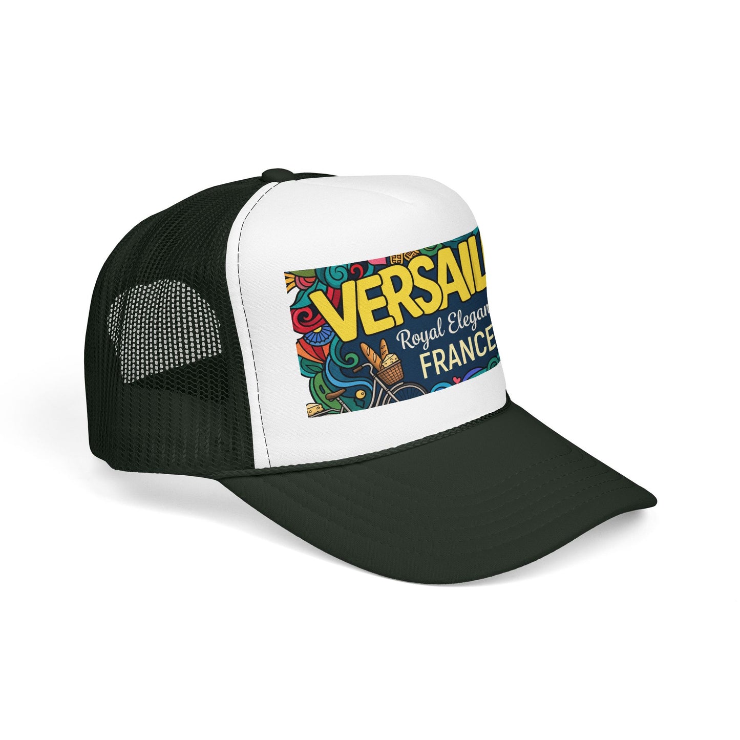Two-tone black and dark green trucker hat with mesh back and colorful Versailles France patch