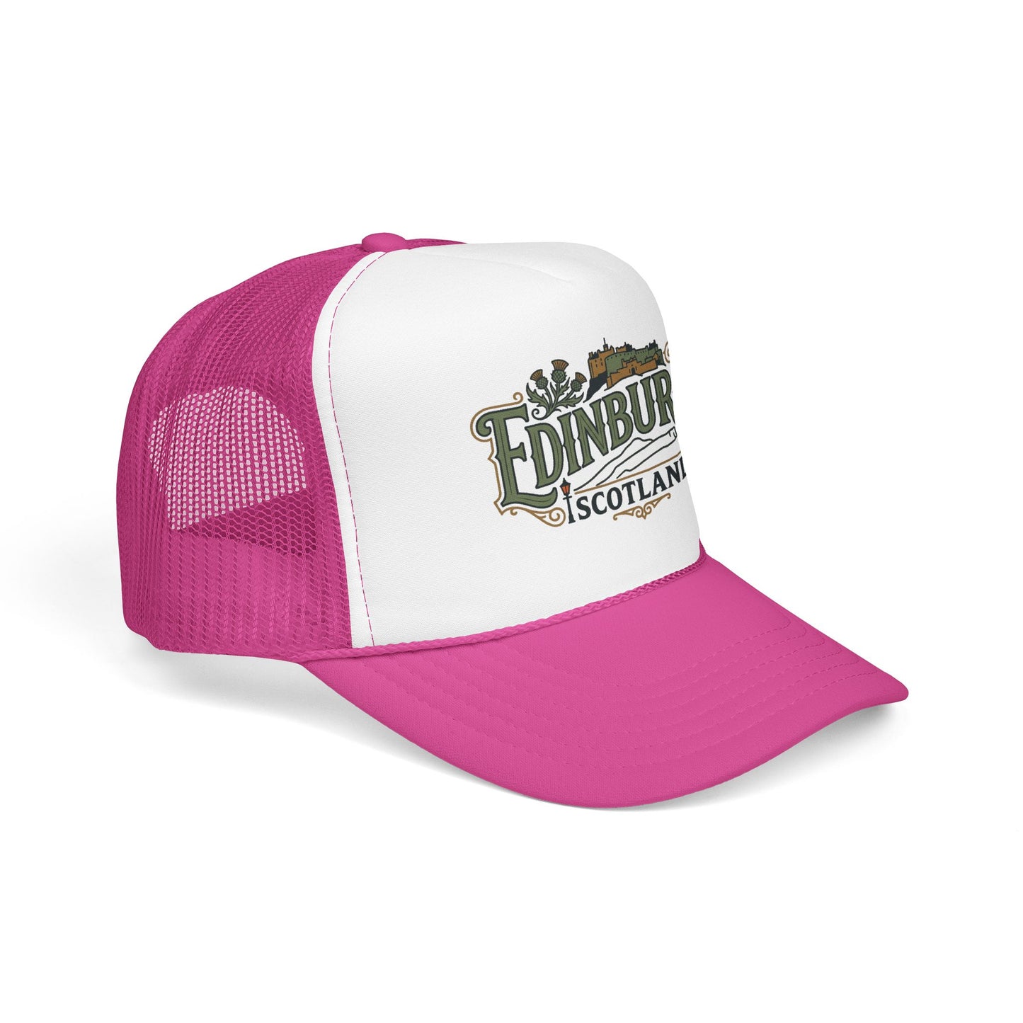 Pink and white trucker hat with mesh back and front “Edinburgh Scotland” logo patch.