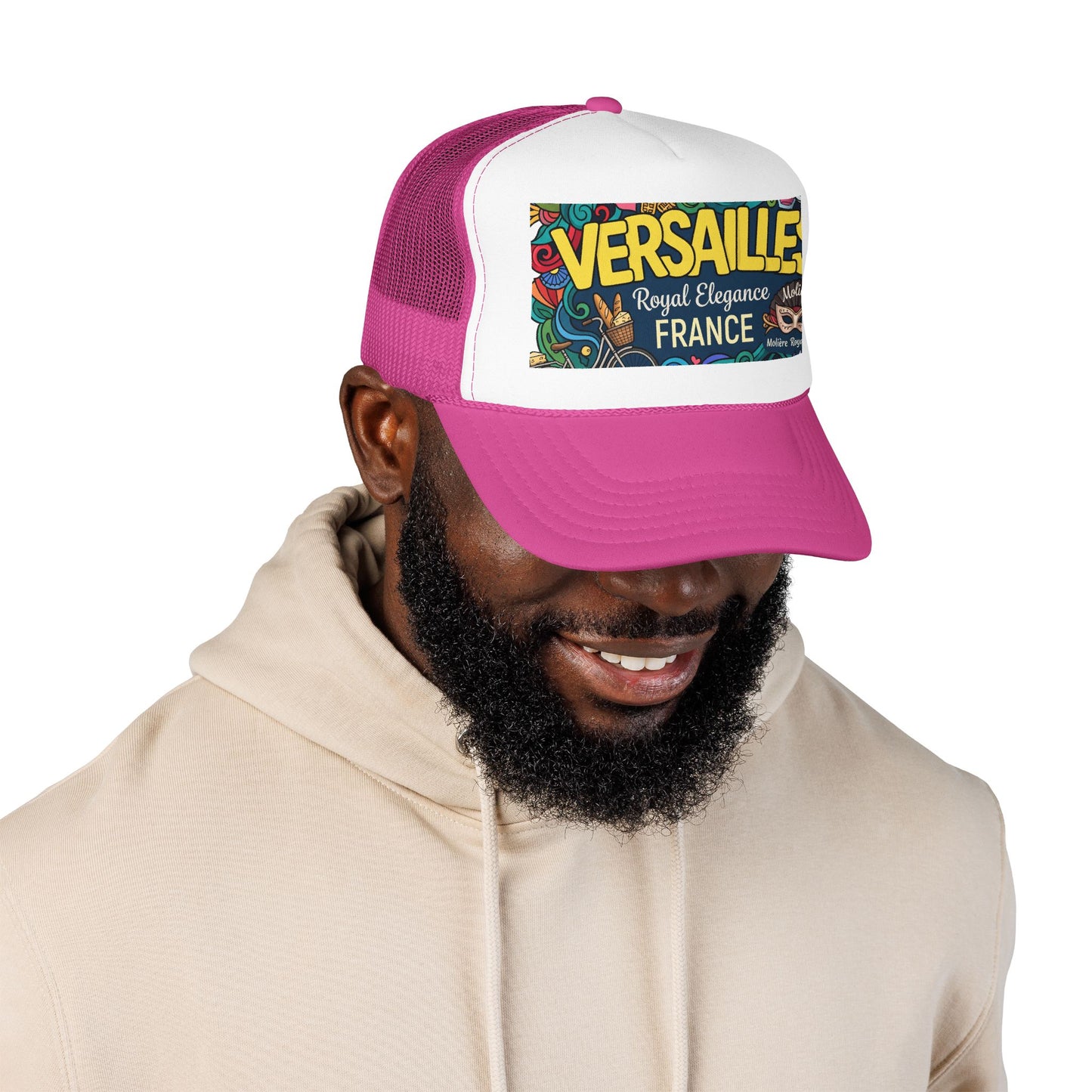 Magenta trucker cap with white front panel, pink brim, and Versailles logo