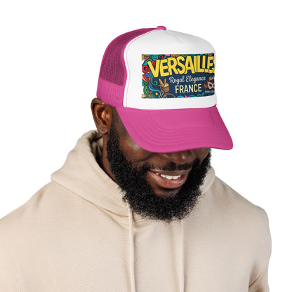 Magenta trucker cap with white front panel, pink brim, and Versailles logo