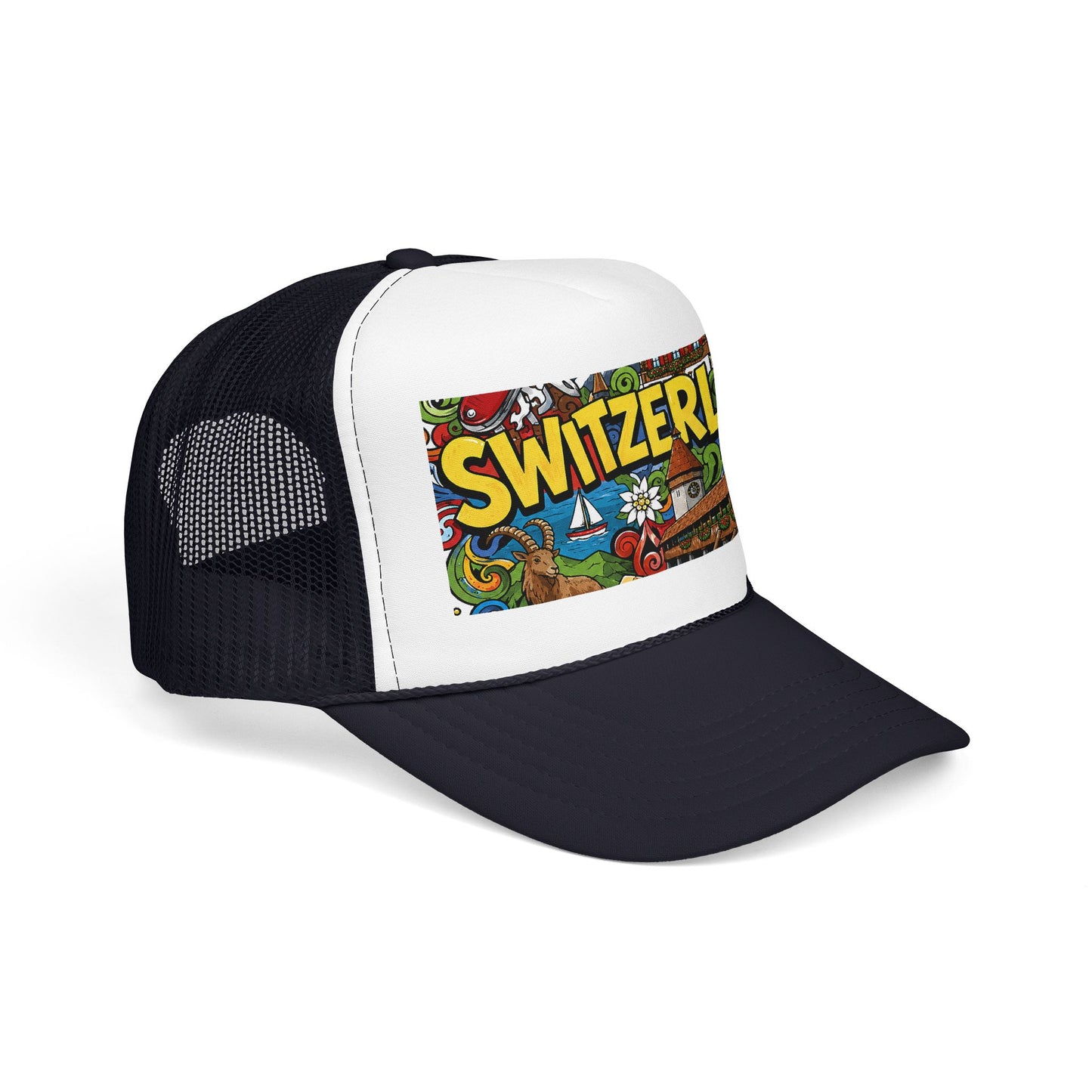 Black and white trucker hat with colorful Switzerland front graphic and mesh sides