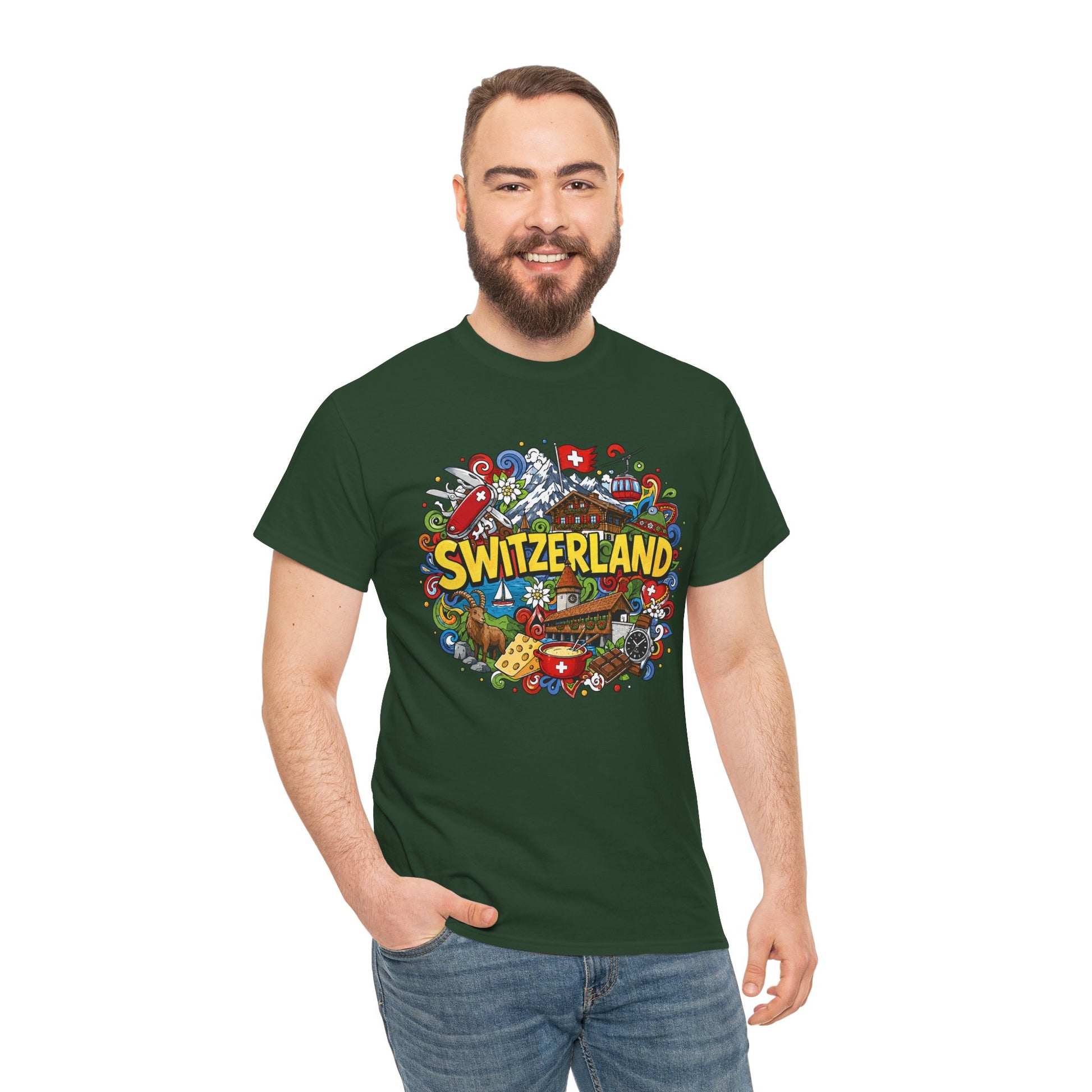 Dark green travel t-shirt with colorful Switzerland-themed front graphic