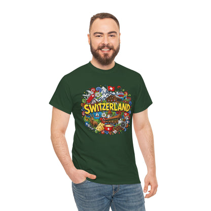 Dark green travel t-shirt with colorful Switzerland-themed front graphic